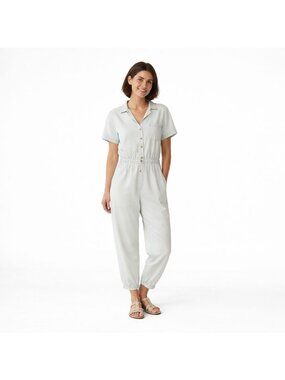 ZARA Light Wash Denim Small Utility Jumpsuit Button Front Elastic Waist Pockets
